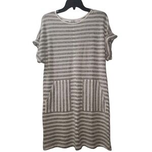 Belinda Striped T-Shirt Dress Casual Short Sleeve Pockets Gray‎ White S